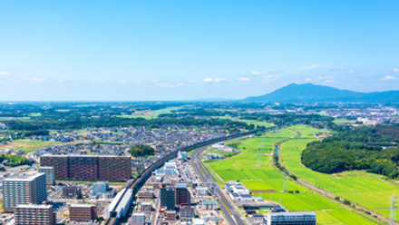 city with Mount Tsukuba in the background