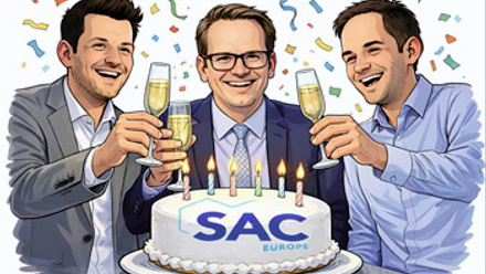 Illustration of Mirco Bundschuh, Markus Brinkmann, Jochen Zubrod celebrating SAC Europe with a birthday cake