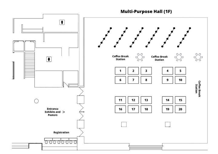 Exhibit hall floor plan for SETAC Tsukuba showcasing booth, poster, coffee break locations