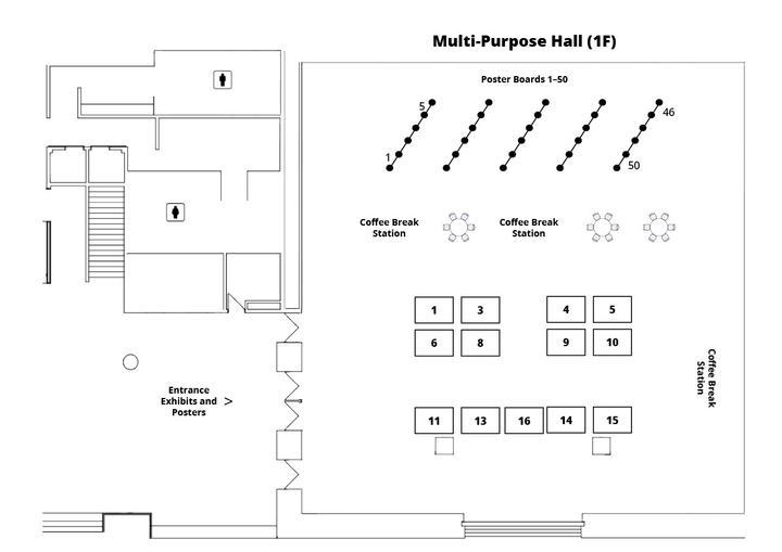 Exhibit hall floor plan for SETAC Tsukuba showcasing booth, poster, coffee break locations