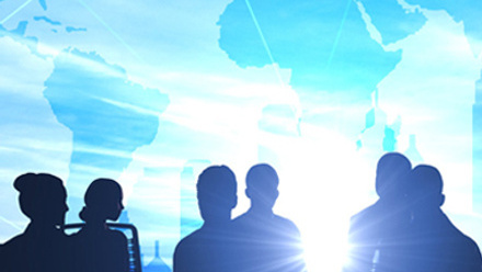 illustration of people in a meeting, global map in background