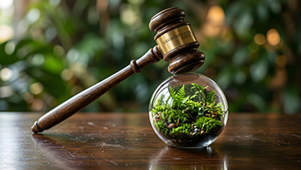 Wooden judge gavel resting on a small glass terrarium representing environmental law justice