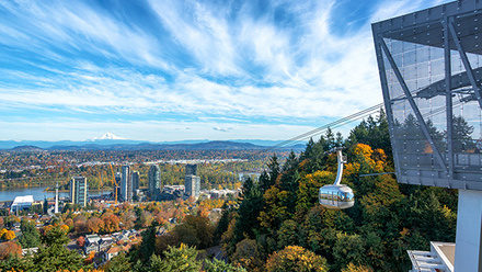 View of Portland tram and mount hood in the distance