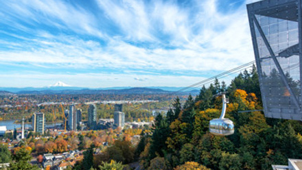 View of Portland tram and mount hood in the distance
