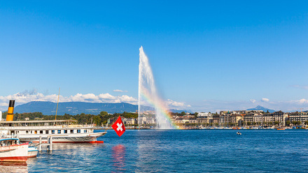 Water jet fountain with rainbow in Geneva