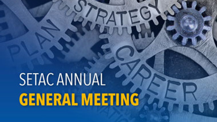 Gears with strategy, plan, career with text announcing the SETAC AGM