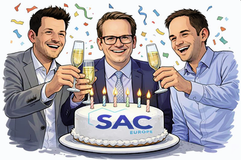 Illustration of Mirco Bundschuh, Markus Brinkmann, Jochen Zubrod celebrating SAC Europe with a birthday cake