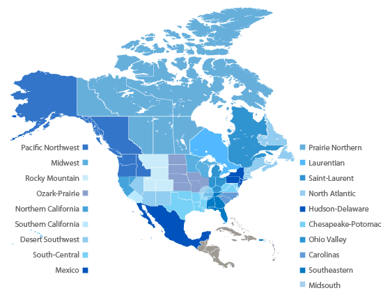 Map of regional chapters within SETAC North America
