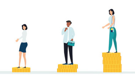 illustration of three people standing on different piles of coins showcasing their income