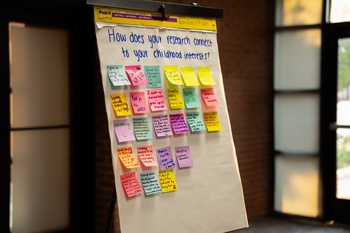 Board with sticky notes answering the question "How does your research connect to your childhood interests?"